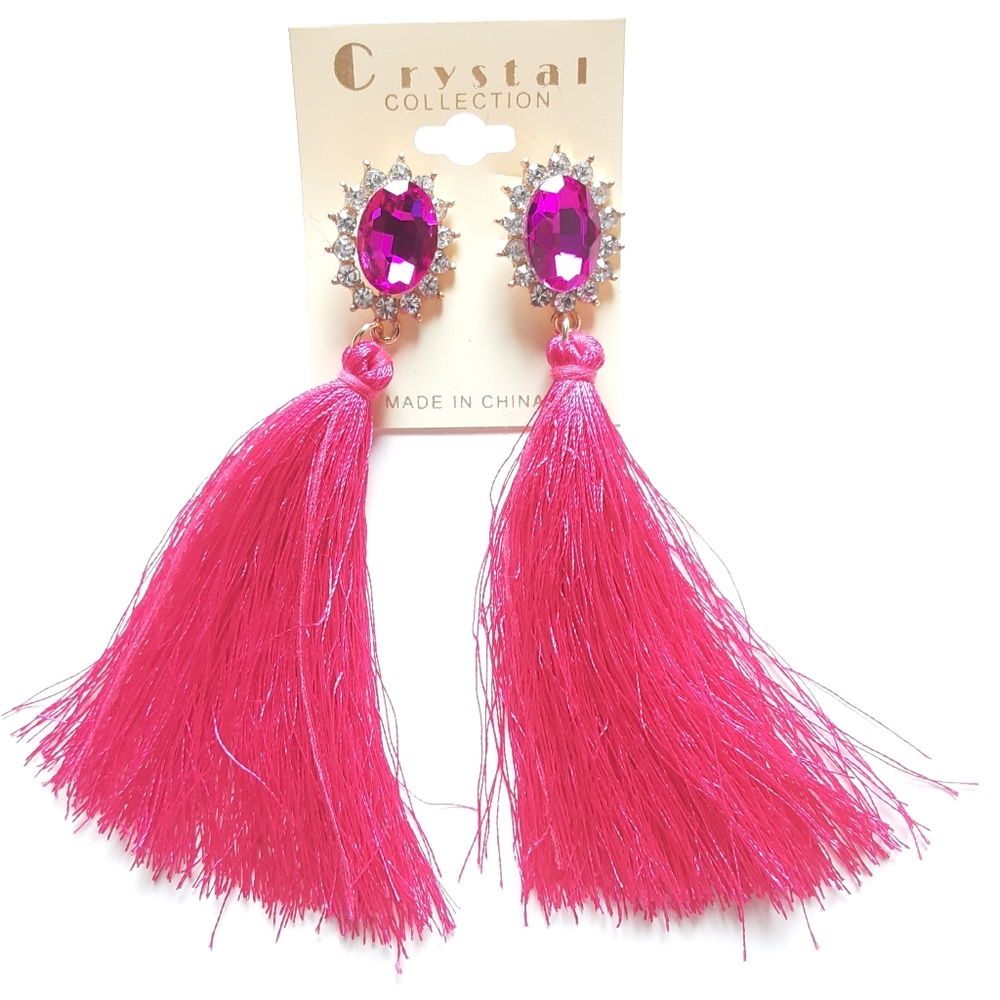Crystal Collection Hot Pink Tassel Earrings